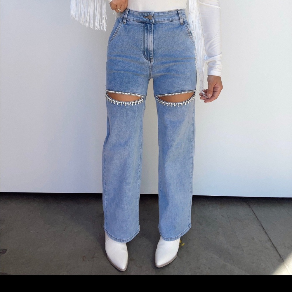 “Ballerini Denim” Rhinestone cut out jeans